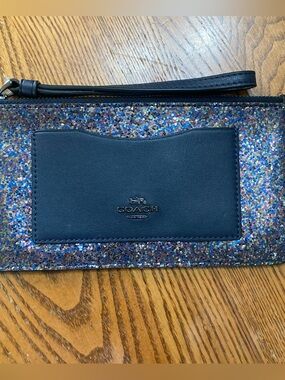 Coach Navy Leather Wristlet with Multicolor Glitter